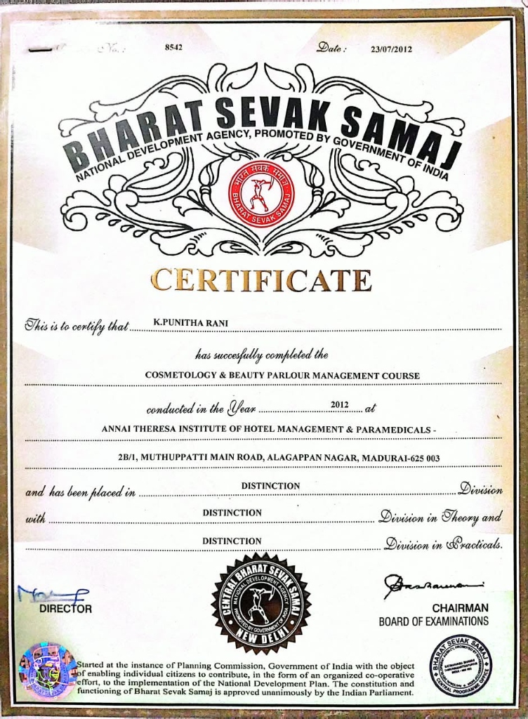 K. Punitha Rani Official Bharat Sevak Samaj Cosmetology & Beauty Parlour Management Certificate