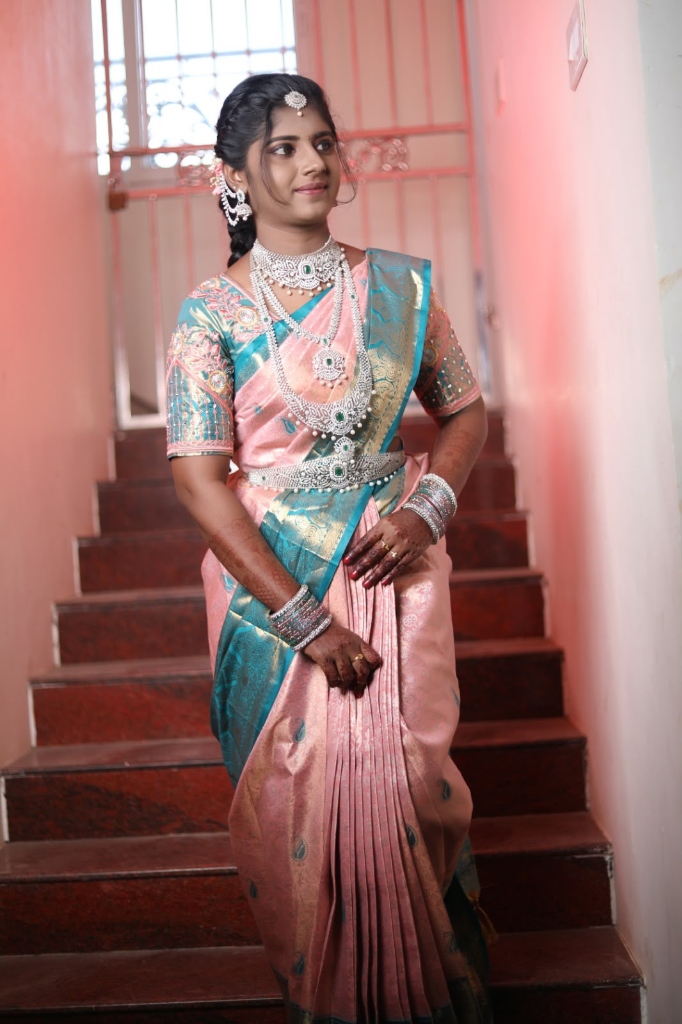 Peach Pink Kanjeevaram Saree & Diamond Jewelry Staircase Pose
