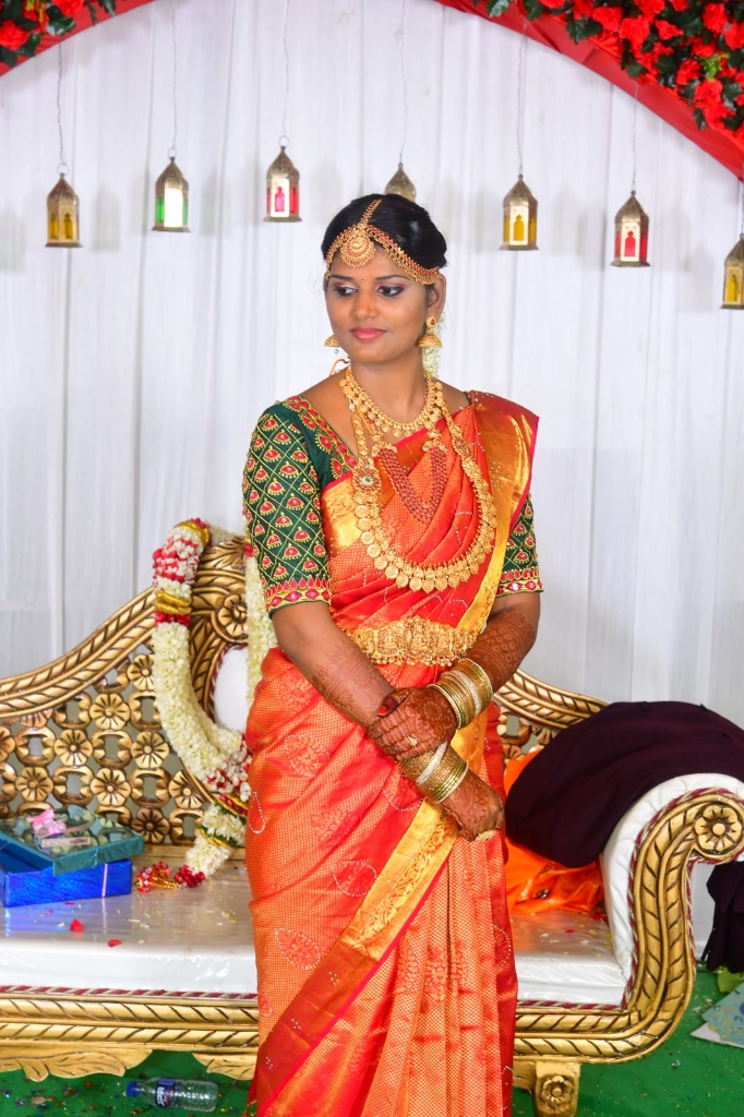 Royal Golden Wedding Couch Orange Silk Saree Bride